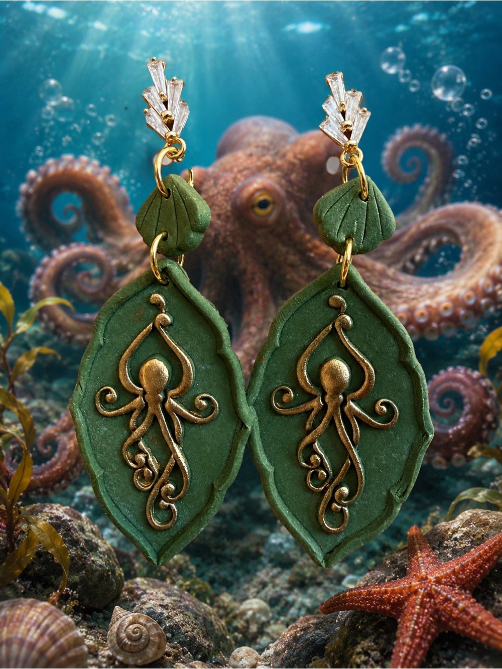 Green Octopus Motif Drop Handmade Polymer Clay Earrings - Gold Detail
